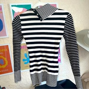 Black and white stripe soft Bodycon fitted s sweater shirt blouse collar new